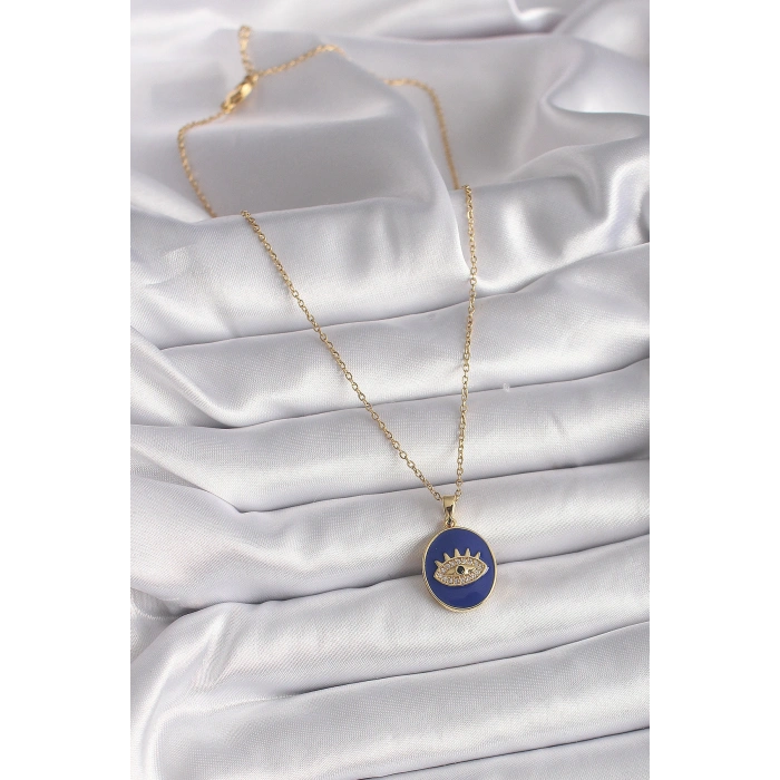 316L Çelik Gold Renk Zincir Mavi Mineli Zirkon Taşlı Göz İşleme Kadın Kolye