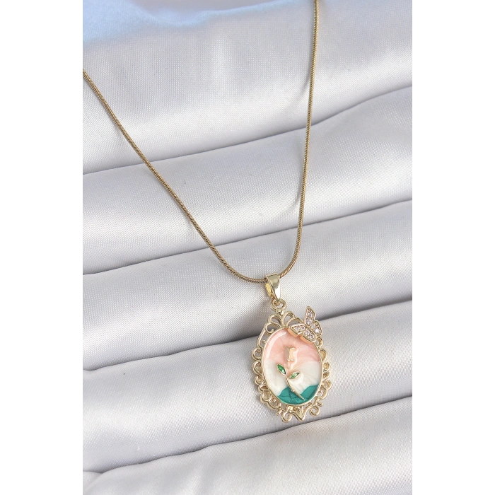 316L Çelik Gold Renk Zincir Mix Renk Çiçek İşlemeli Zirkon Taş Detaylı Portre Model Kadın Kolye