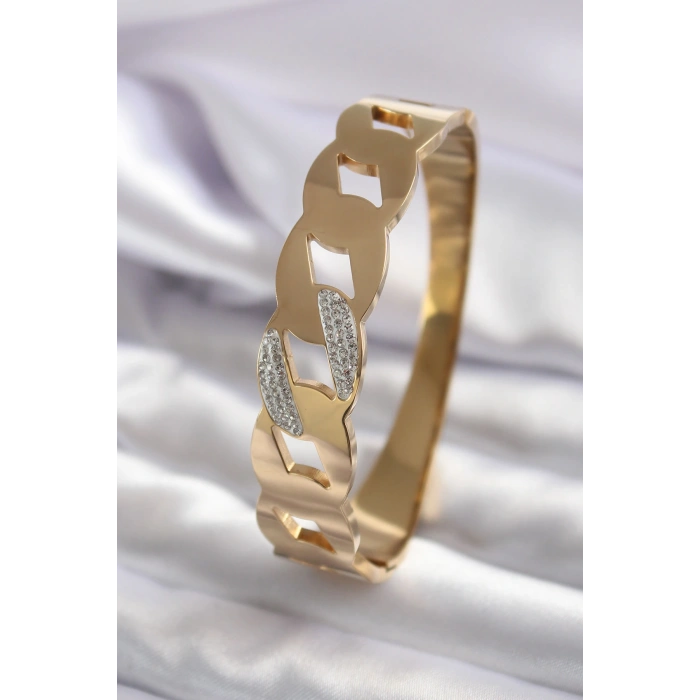 316L Çelik Gold Renk Zincir Model Zirkon Taş Detay Kadın Kelepçe