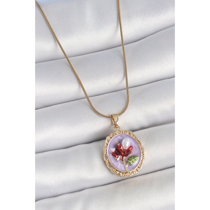 316L Çelik Gold Renk Zincir Mor Mineli İncili Çiçek İşlemeli Portre Model Kadın Kolye
