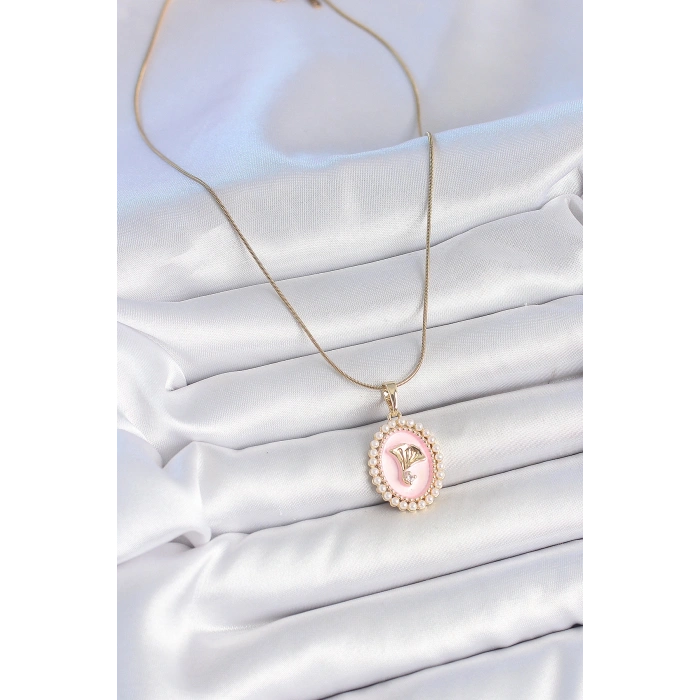 316L Çelik Gold Renk Zincir Pembe Mineli İncli Zirkon Taşlı Çiçek İşlemeli Portre Model Kadın Kolye