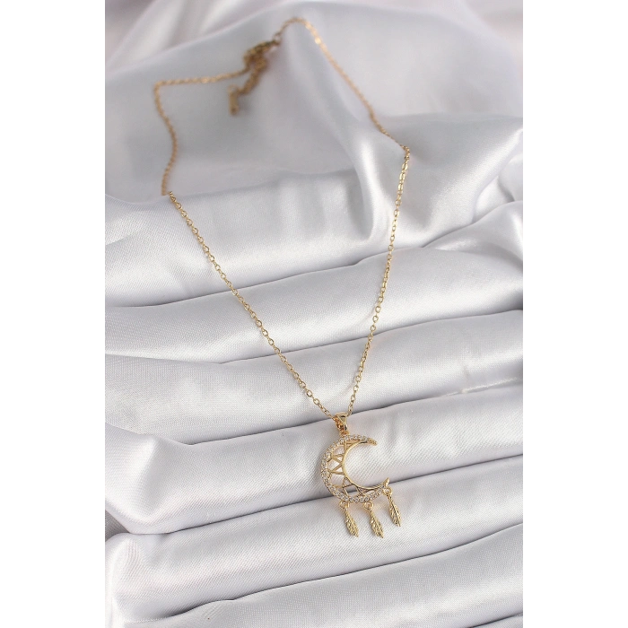 316L Çelik Gold Renk Zincir Zirkon Taşlı Hilal Model Sallantı Yaprak Detay Kadın Kolye