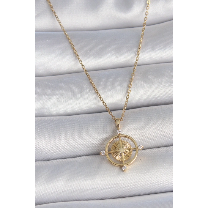 316L Çelik Gold Renk Zincir Zirkon Taşlı Pusula Model Kadın Kolye