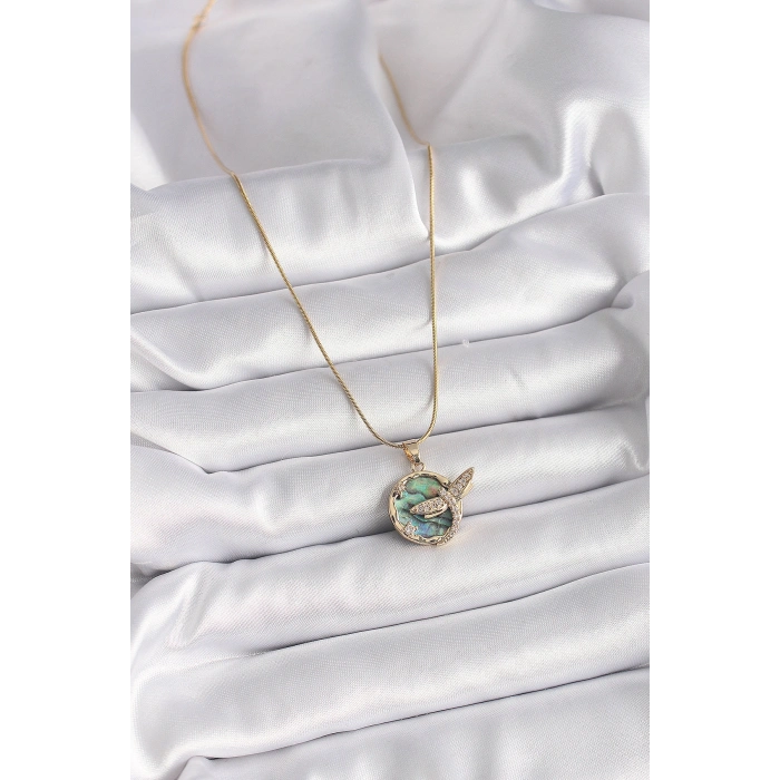 316L Çelik Gold Renk Zincir Zirkon Taşlı Yusufçuk Model Kadın Kolye