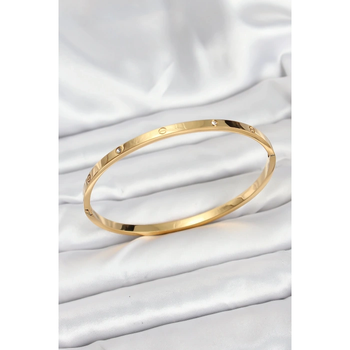 316L Çelik Gold Renk Zirkon Taşlı 65 mm İnce Kadın Kelepçe Bileklik