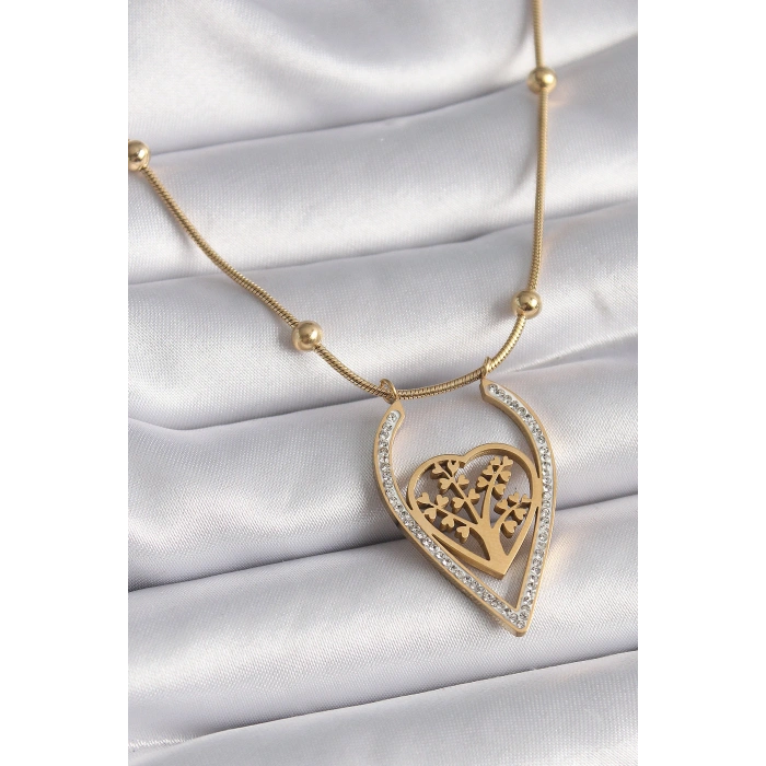 316L Çelik Gold Renk Zirkon Taşlı Detaylı Kalp Fidan Model Kadın Kolye