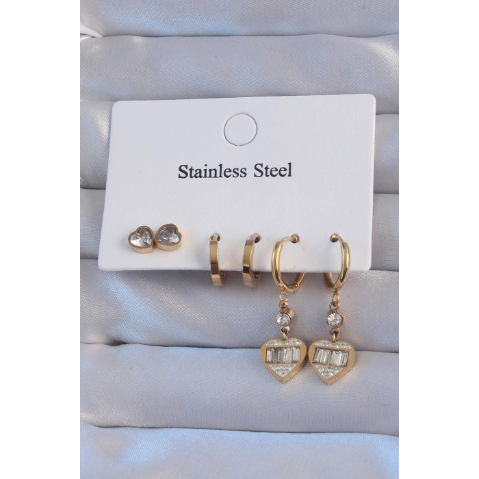 316L Çelik Gold Renk Zirkon Taşlı Kalp Model Halka Küpe Seti