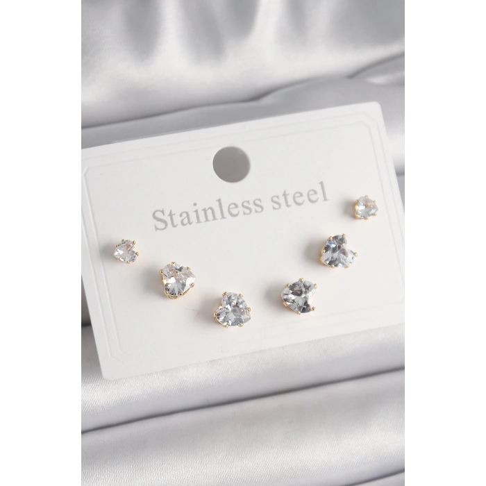 316L Çelik Gold Renk Zirkon Taşlı Kalp Model Kadın Küpe Seti