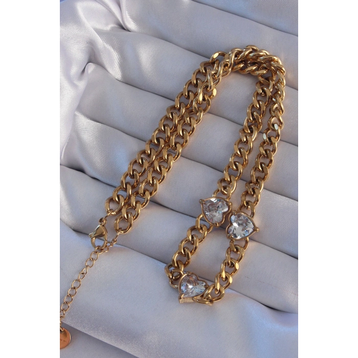316L Çelik Gold Renk Zirkon Taşlı Kalp Model Zincir Kolye
