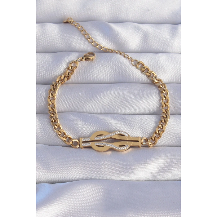 316L Çelik Gold Renk Zirkon Taşlı Kemer Tokası Model Zincir Bileklik