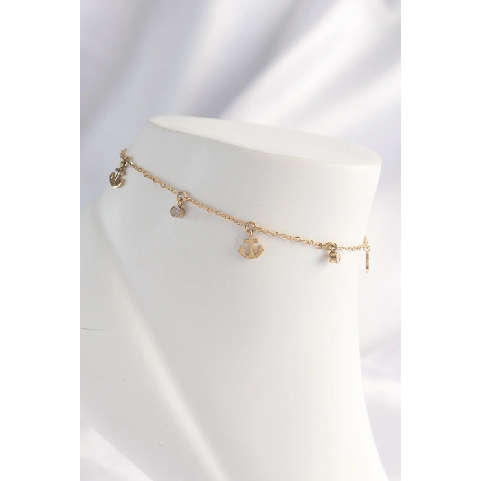 316L Çelik Gold Renk Zirkon Taşlı Minimal Çapa Tasarımlı Halhal