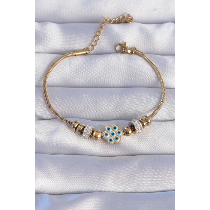 316L Çelik Gold Renk Zirkon Taşlı Nazarlı Çiçek Tasarımlı Bileklik