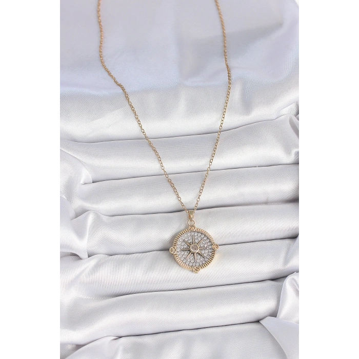 316L Çelik Gold Renk Zirkon Taşlı Pusula Model Kadın Kolye