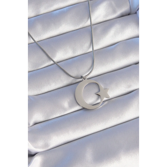 316L Çelik Gümüş Renk Ay Yıldız Model Unisex Kolye
