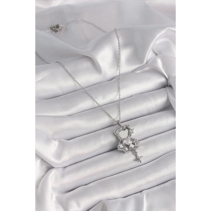 316L Çelik Gümüş Renk Ayna Ayıcık Model Zirkon Taşlı Kalp Detay Kadın Kolye