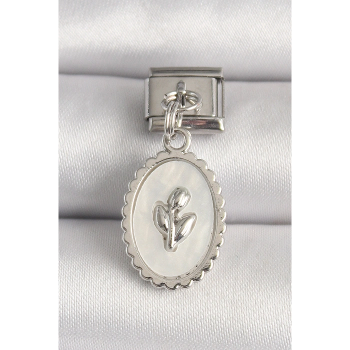 316L Çelik Gümüş Renk Beyaz Mineli Çiçek İşlemeli Nomination Charm