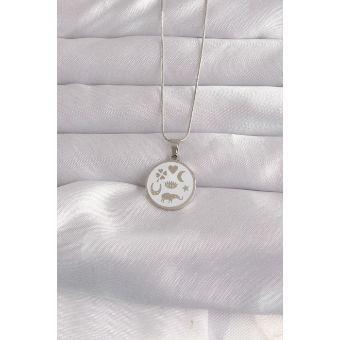 316L Çelik Gümüş Renk Beyaz Mineli Karışık Figürlü Tarot Kolye