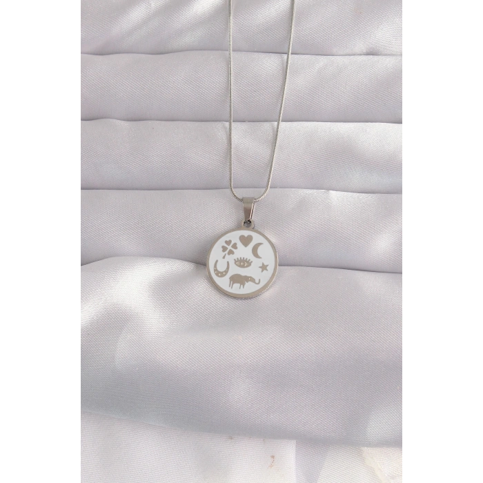 316L Çelik Gümüş Renk Beyaz Mineli Karışık Figürlü Tarot Kolye