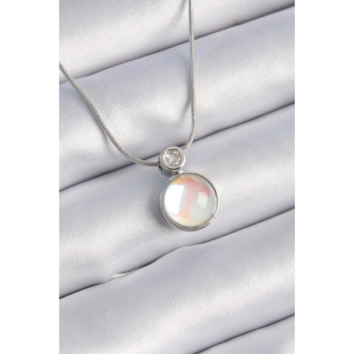 316L Çelik Gümüş Renk Beyaz Sedefli Vintage Model Kadın Kolye