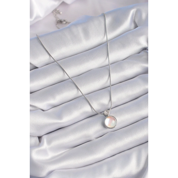 316L Çelik Gümüş Renk Beyaz Sedefli Vintage Model Kadın Kolye