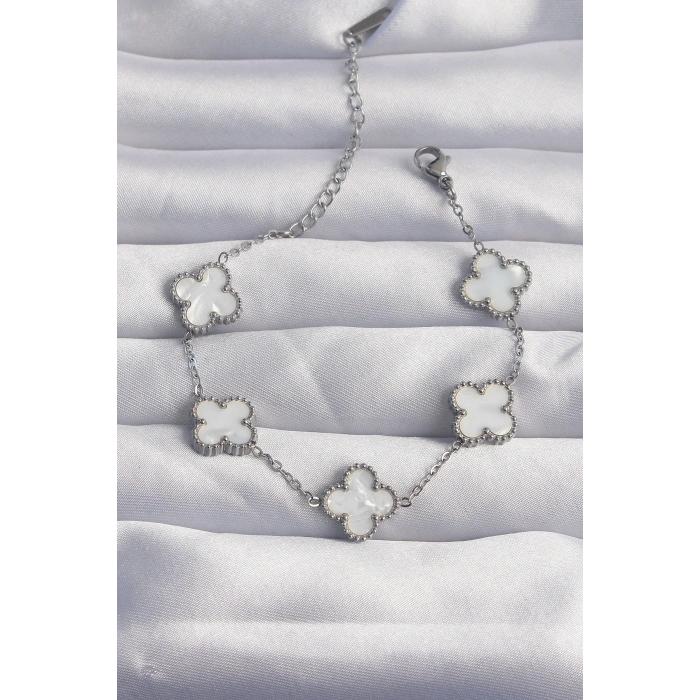 316L Çelik Gümüş Renk Beyaz Sedefli Yonca Bileklik