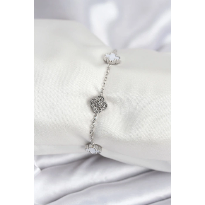 316L Çelik Gümüş Renk Beyaz ve Zirkon Taşlı Baby Boy Yonca Kadın Bileklik