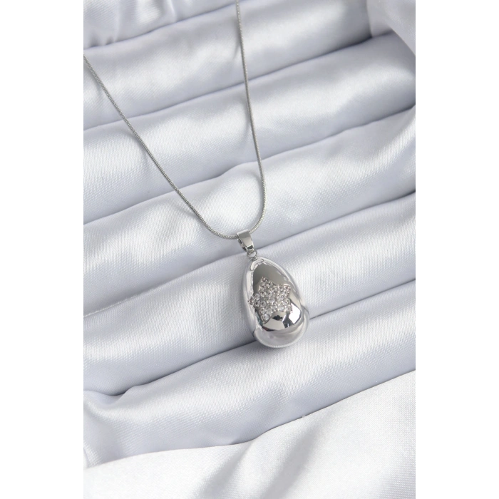 316L Çelik Gümüş Renk Damla Model Yıldız İşleme Zirkon Taş Detay Kadın Kolye