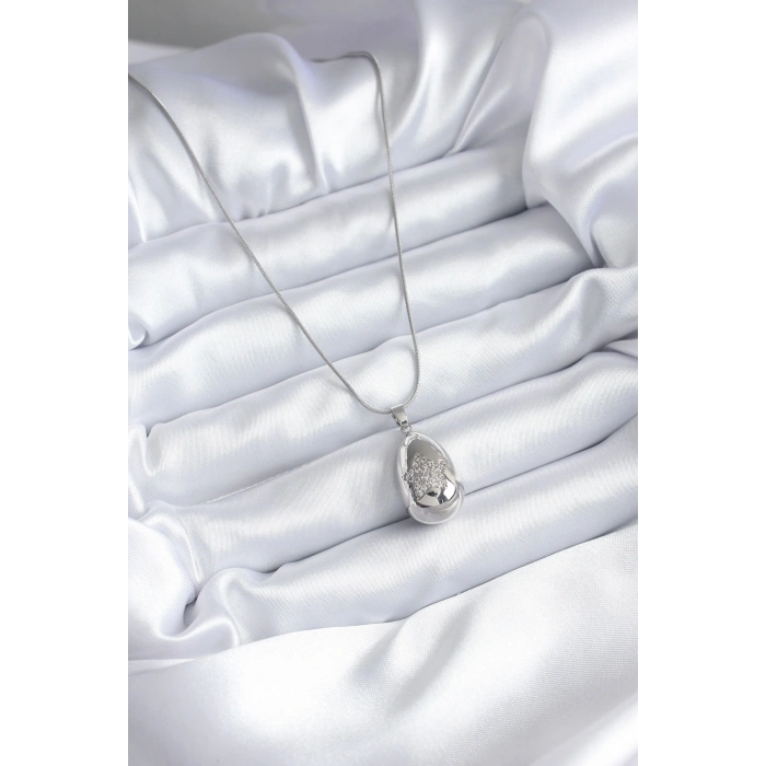 316L Çelik Gümüş Renk Damla Model Yıldız İşleme Zirkon Taş Detay Kadın Kolye