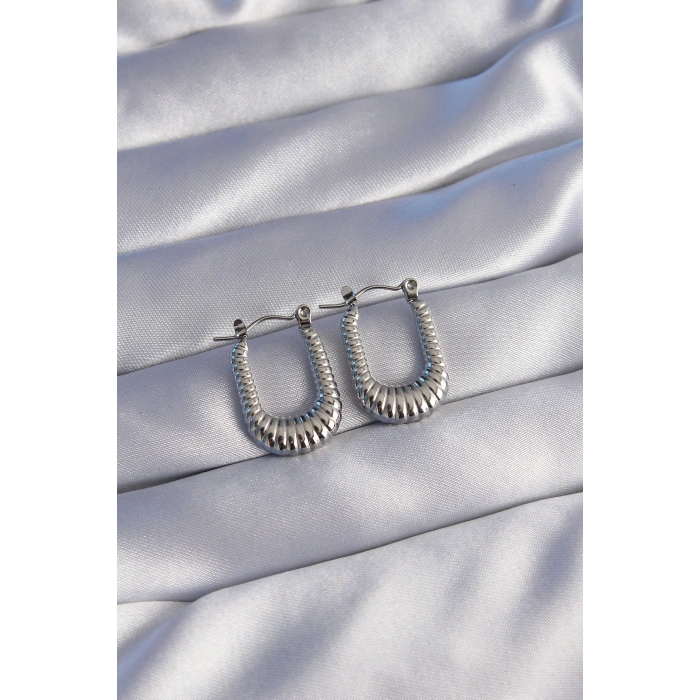 316L Çelik Gümüş Renk Dikdörtgen Tasarımlı Tırtıklı Küpe