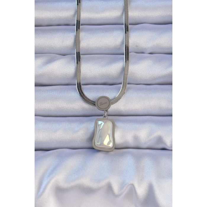 316L Çelik Gümüş Renk İtalyan Zincir Ezme Taşlı Kolye