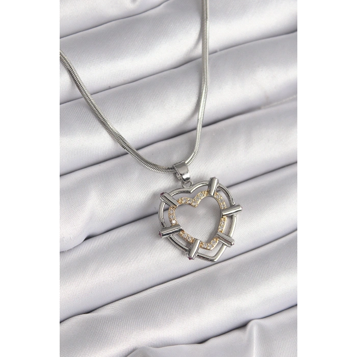 316L Çelik Gümüş Renk İtalyan Zincir Mix Renk Zirkon Taş Detay Kalp Model Kadın Kolye