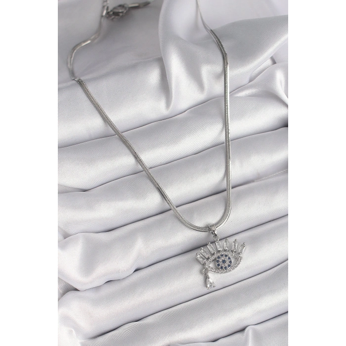 316L Çelik Gümüş Renk İtalyan Zincir Zirkon Taşlı Göz Model Kadın Kolye