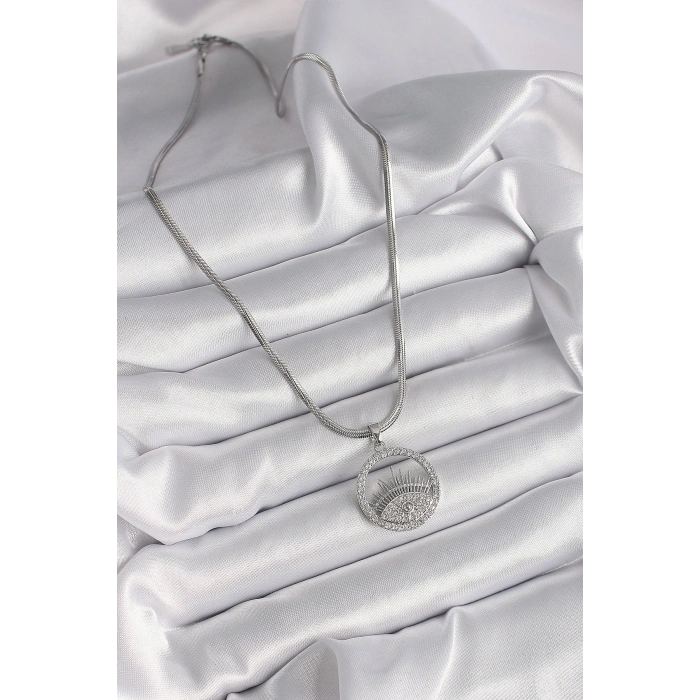 316L Çelik Gümüş Renk İtalyan Zincir Zirkon Taşlı Göz Model Kadın Kolye