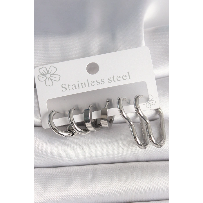 316L Çelik Gümüş Renk Kalp Halka Model Kadın Küpe Seti