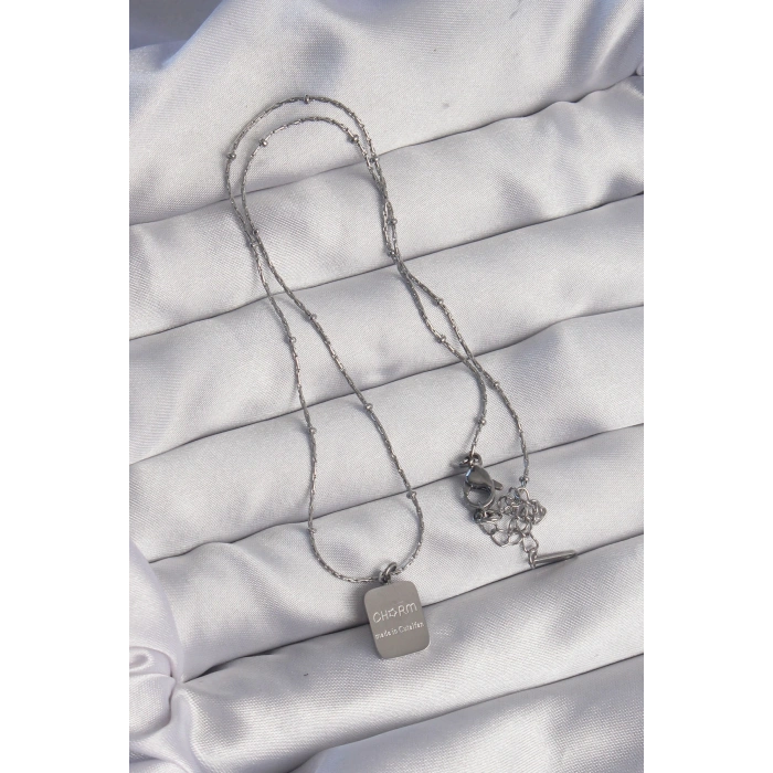 316L Çelik Gümüş Renk Kare Charm Model Kolye