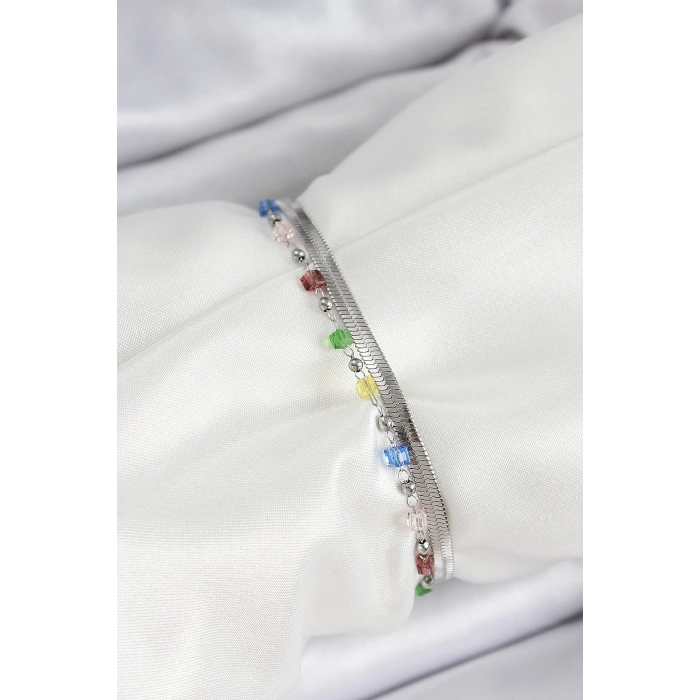 316L Çelik Gümüş Renk Karışık Renkli Kristal Taşlı Kadın Bileklik