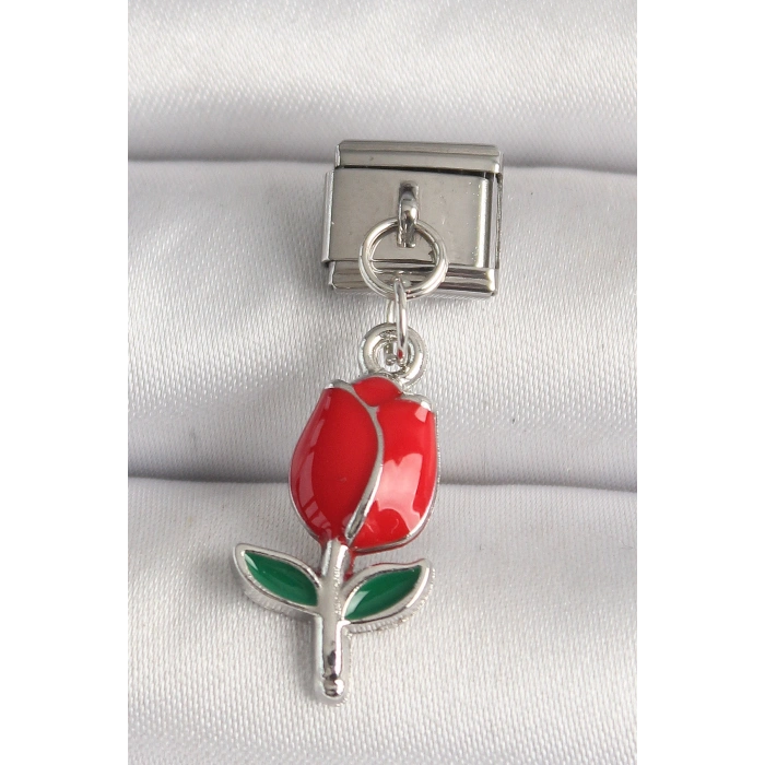 316L Çelik Gümüş Renk Kırmızı Gül Model Nomination Charm
