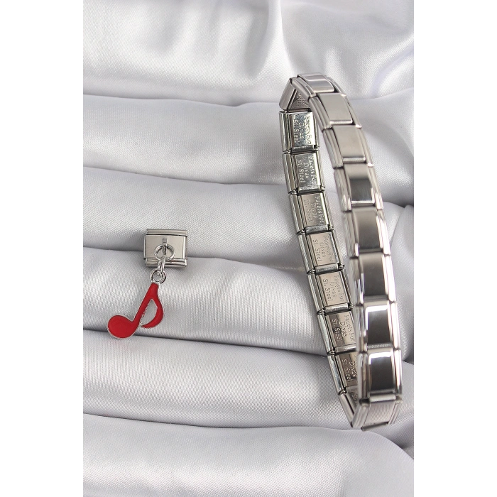 316L Çelik Gümüş Renk Kırmızı Nota Model Nomination Charm