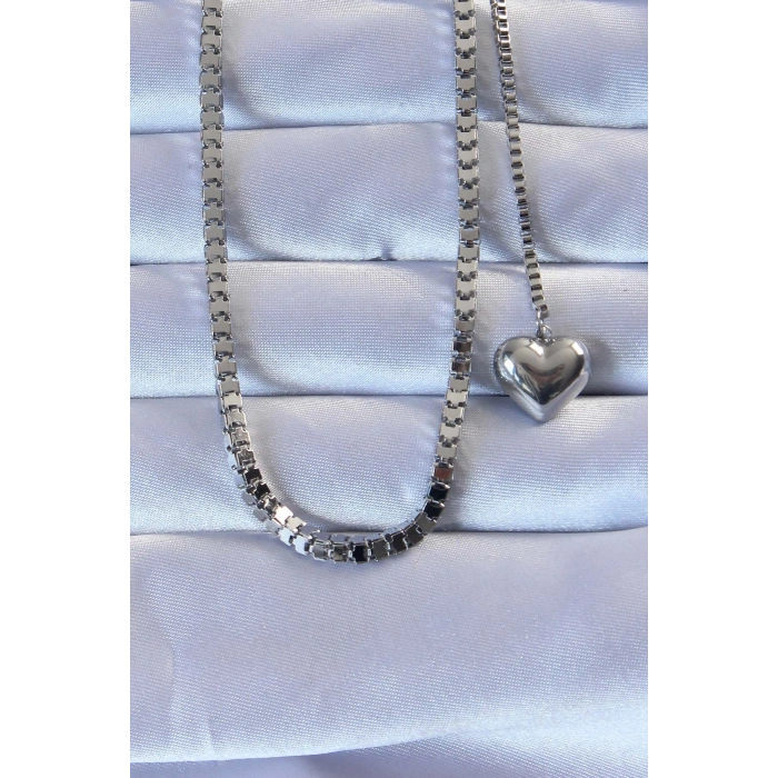 316L Çelik Gümüş Renk Küp Zincirli Kalpli Kolye
