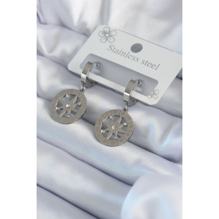 316L Çelik Gümüş Renk Kutup Yıldızı Model Zirkon Taş İşleme Detay Kadın Küpe