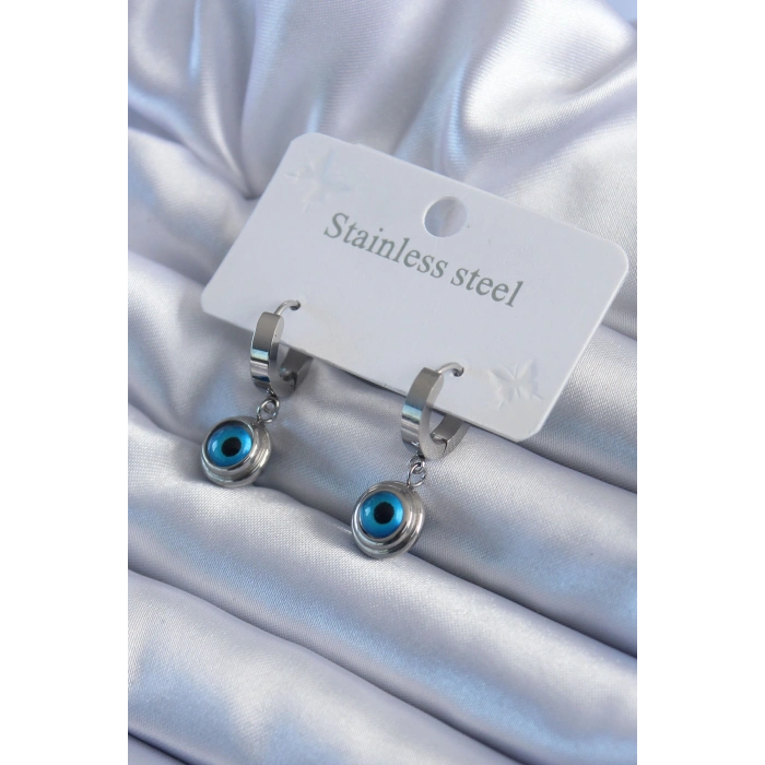 316L Çelik Gümüş Renk Nazar Boncuk Model Kadın Küpe