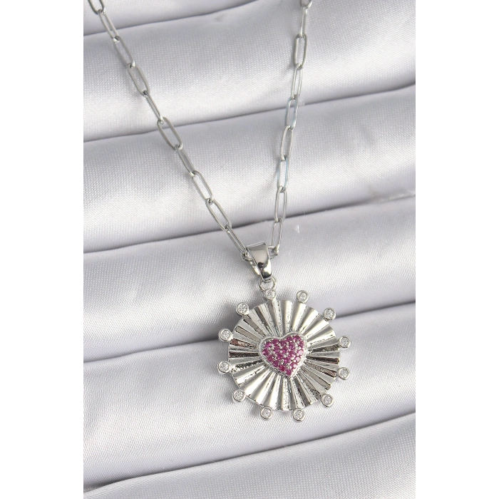 316L Çelik Gümüş Renk Pembe Zirkon Taşlı Kalp İşleme Madalyon Model Kadın Kolye