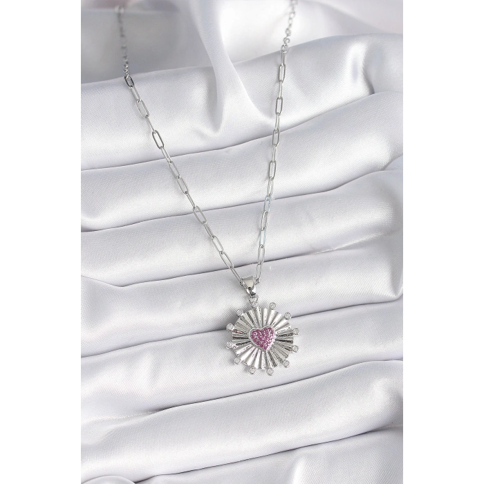 316L Çelik Gümüş Renk Pembe Zirkon Taşlı Kalp İşleme Madalyon Model Kadın Kolye