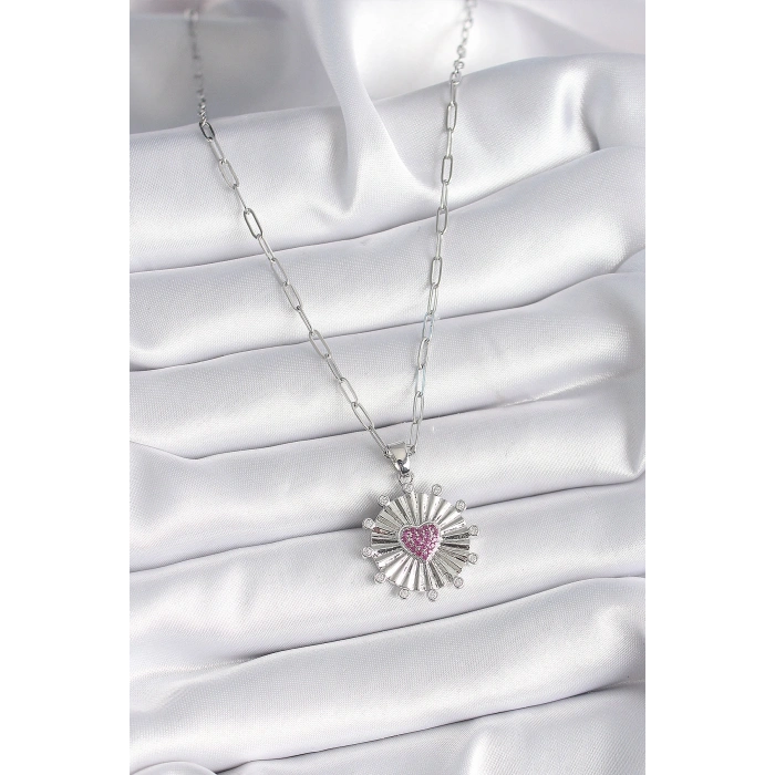 316L Çelik Gümüş Renk Pembe Zirkon Taşlı Kalp İşleme Madalyon Model Kadın Kolye