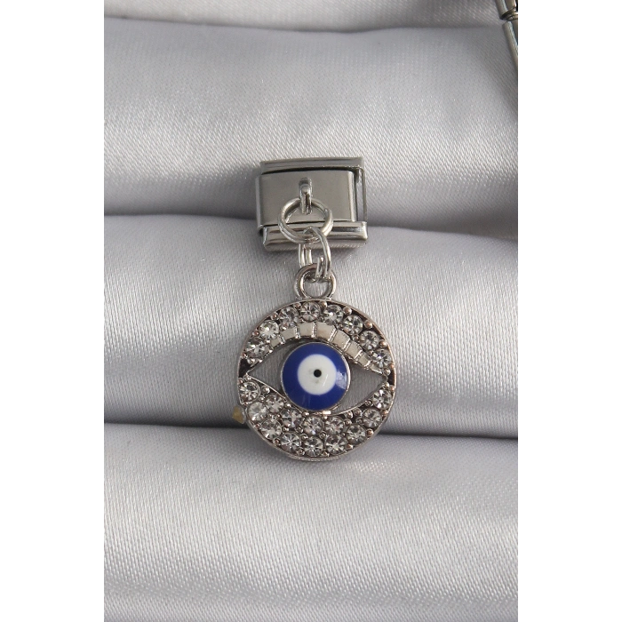 316L Çelik Gümüş Renk Sallantı Zirkon Taşlı Göz Model Nazar Boncuk Detay Nomination Charm