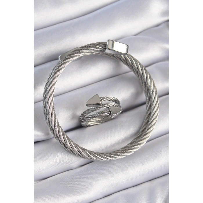 316L Çelik Gümüş Renk Sarmal Model Erkek Bileklik Yüzük Kombini