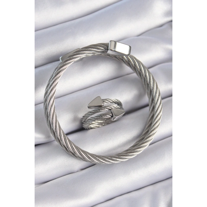 316L Çelik Gümüş Renk Sarmal Model Erkek Bileklik Yüzük Kombini