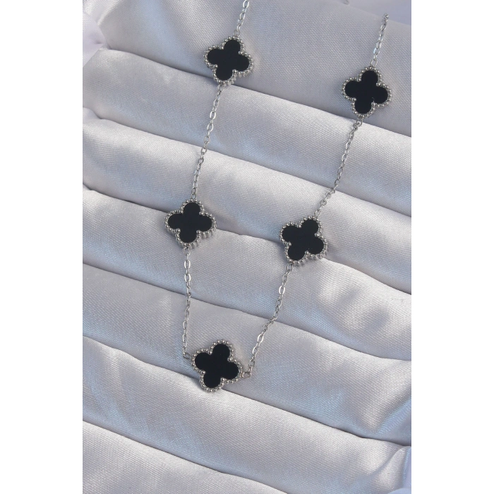 316L Çelik Gümüş Renk Siyah Mineli Yonca Kolye