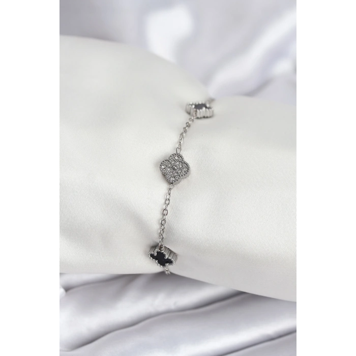 316L Çelik Gümüş Renk Siyah ve Zirkon Taşlı Baby Boy Yonca Kadın Bileklik