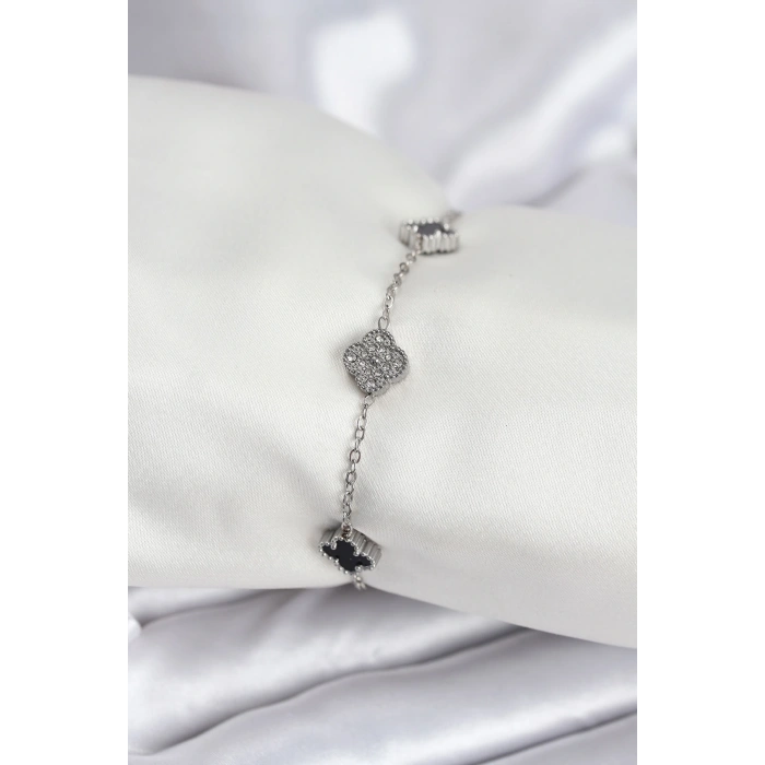 316L Çelik Gümüş Renk Siyah ve Zirkon Taşlı Baby Boy Yonca Kadın Bileklik